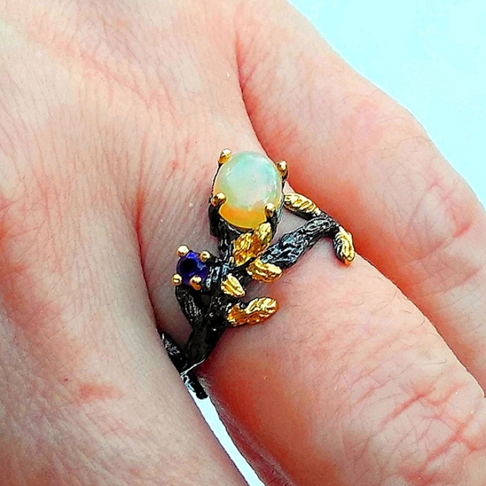 Natural Opal Sterling Silver And 14K Gold Ring